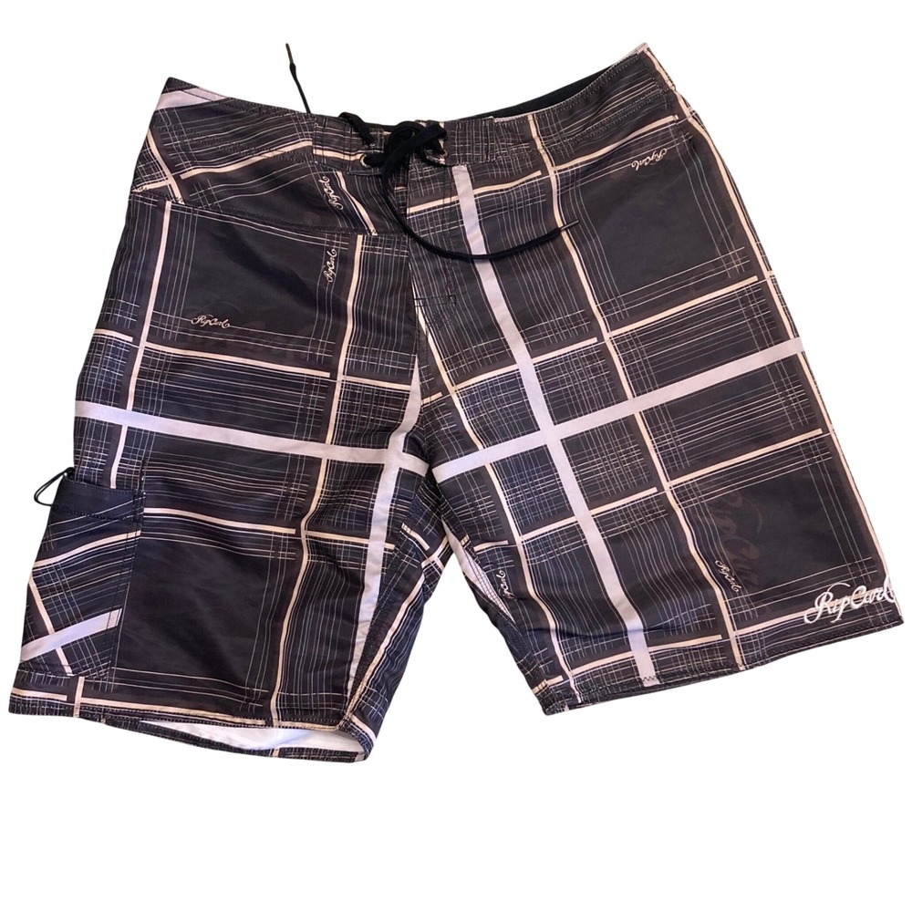 Rip Curl Mens Board Shorts Black White Plaid Cargo Pocket Swim Trunks Size 36